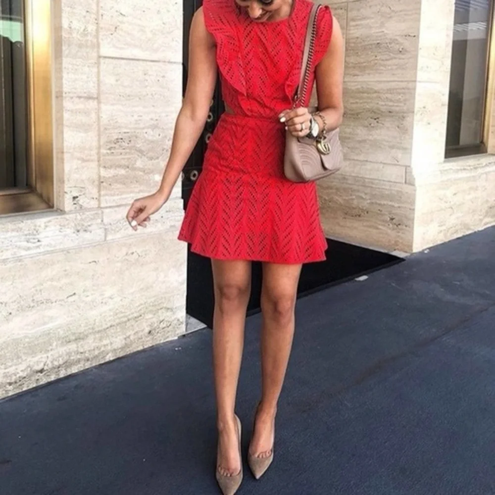 Bardot Kira Red Eyelet Ruffle Dress Size 10/L - Picture 5 of 14